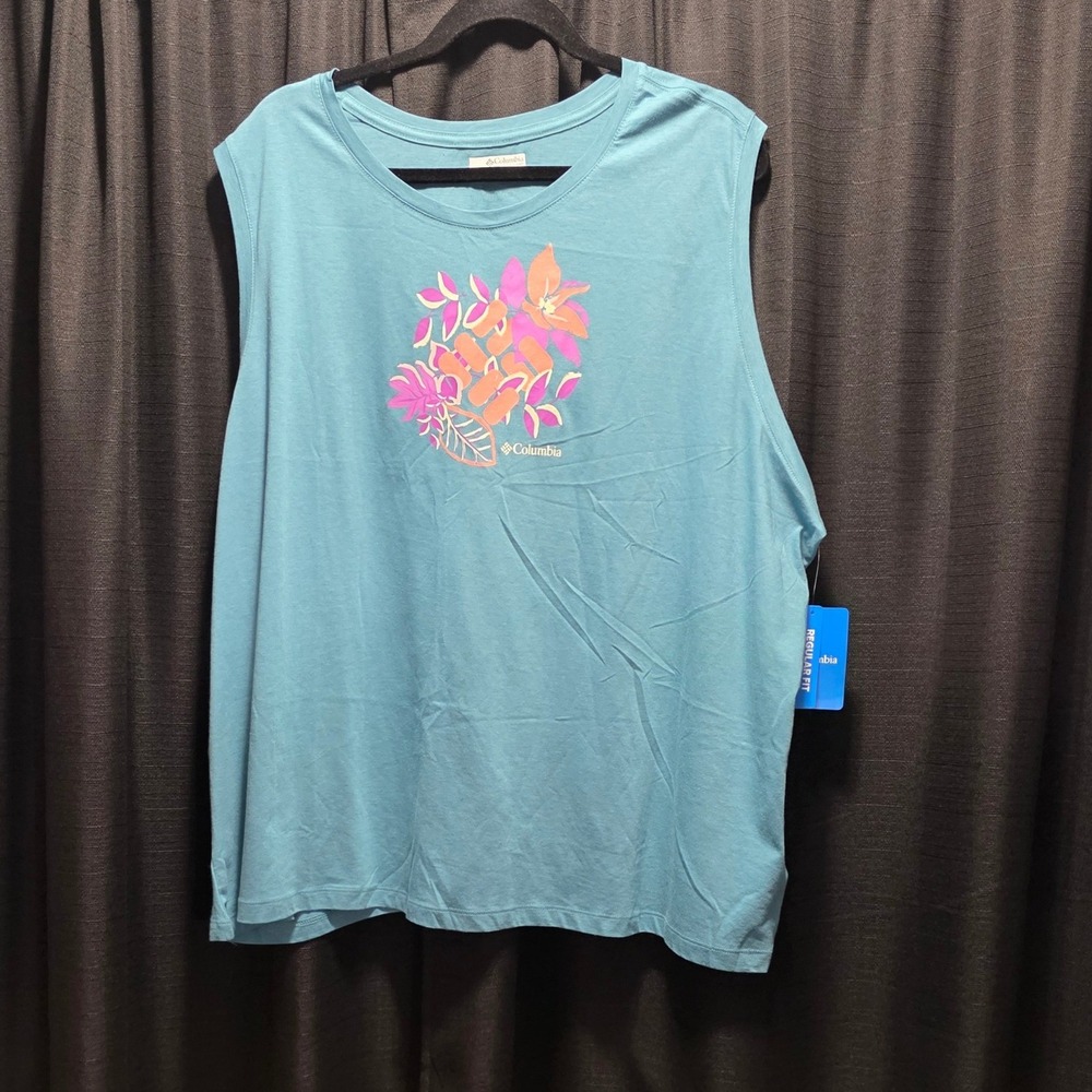 Columbia Womens 2X Teal Floral Graphic Short Sleeve T-Shirt Regular Fit